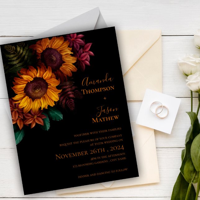 Invitation Carte Postale Vibrant Noir Brûlé Orange Floral Moderne Mariage (Vibrant Black Burnt Orange Floral Modern Wedding Invitation Postcard)