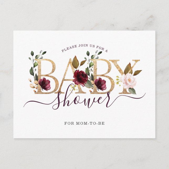 Invitation Carte Postale Vin d'or Baby shower floral Bourgogne (Devant)