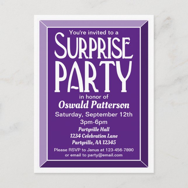Invitation Carte Postale Violet Art Déco biseauté Anniversaire Surprise (Devant)