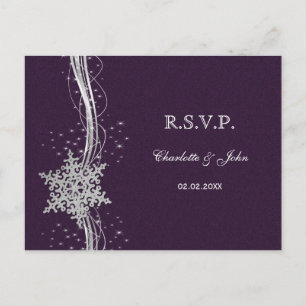 Invitation Carte Postale Violet Silver Snowflakes Mariage d'hiver RSVP