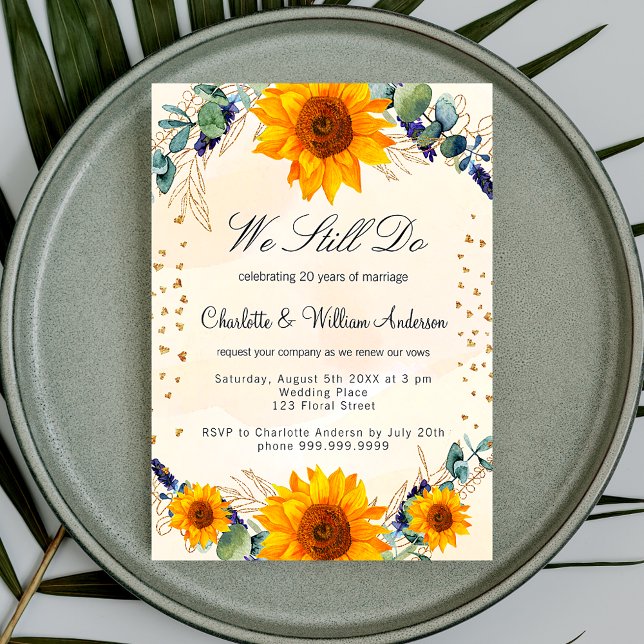 Invitation Carte Postale Vow renouveau tournesol eucalyptus coeur or (Créateur téléchargé)