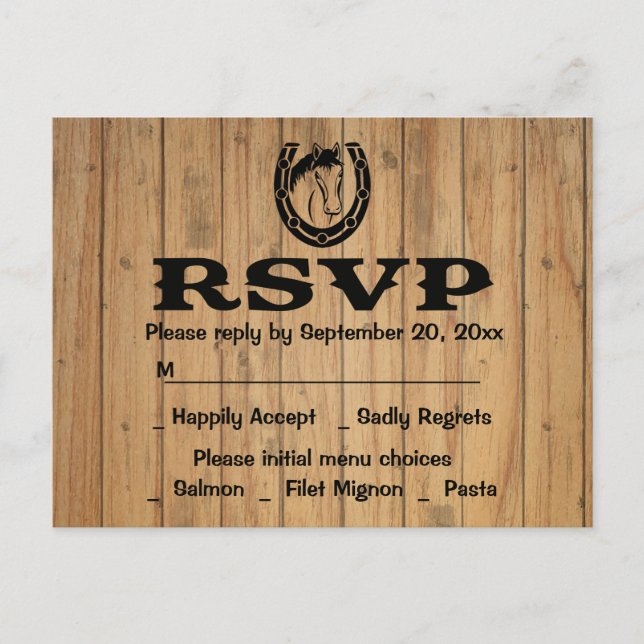 Invitation Carte Postale Western RSVP Mariage Horse Bois Brown Pays (Devant)