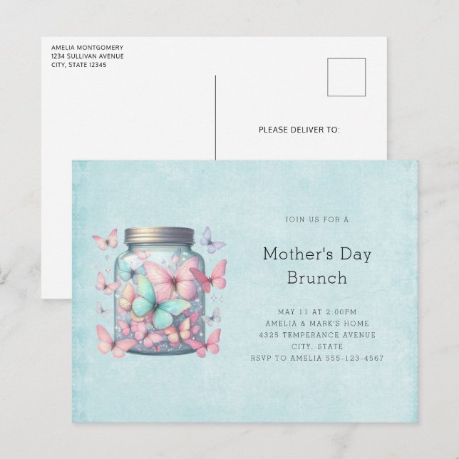 Invitation Carte Postale Whimsical Butterflies in a Jar Mother's Day Brunch (Devant / Derrière)