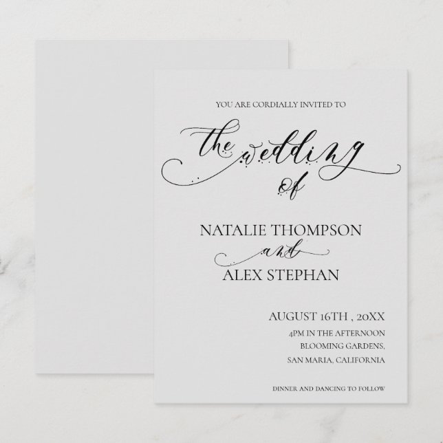 Invitation Carte Postale Whimsical Elegant noir et blanc Mariage Script (Devant / Derrière)