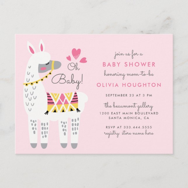 Invitation Carte Postale Whimsical Pastel Rose Llama Oh Baby shower (Devant)