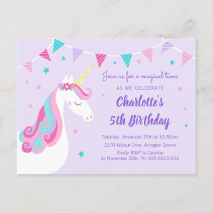 Invitation Carte Postale Whimsical Rainbow Unicorn Purple 5e anniversaire
