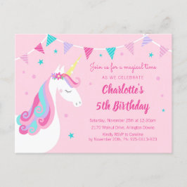 Invitation Carte Postale Whimsical Rainbow Unicorn rose 5e anniversaire