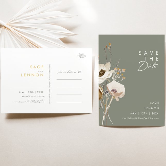 Invitation Carte Postale Whimsical Wildflower Sage Green Save The Date (Créateur téléchargé)