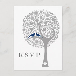 Invitation Carte Postale whimsy tree marine bleu lovebirds mod mariage rsvp