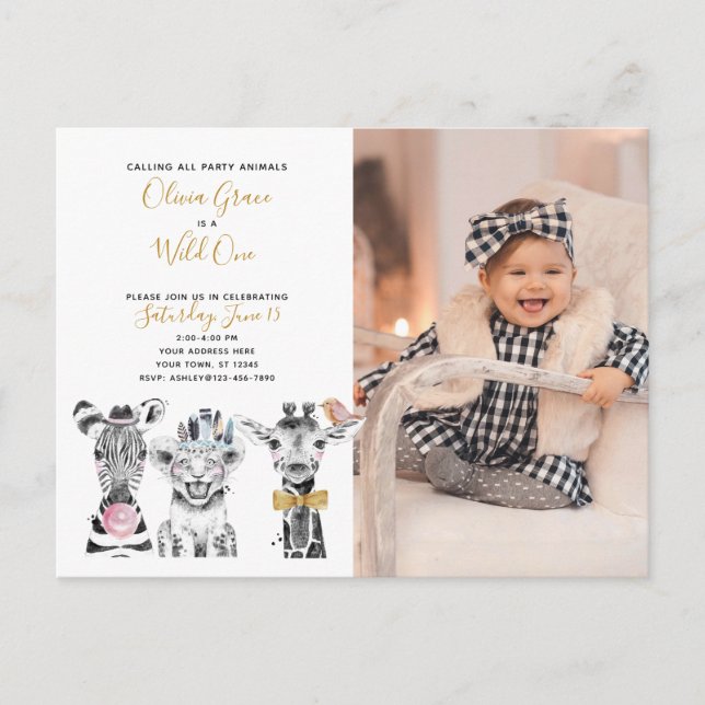 Invitation Carte Postale Wild One Animal Safari bébé 1er anniversaire Photo (Devant)