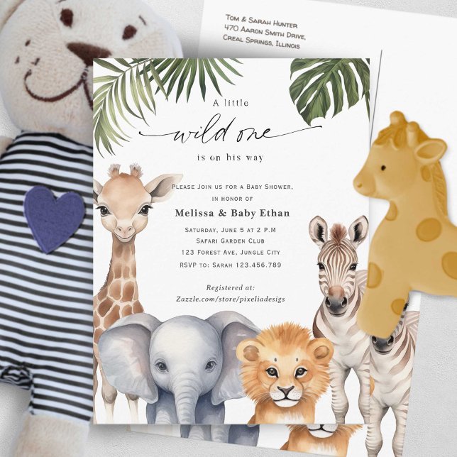 Invitation Carte Postale Wild One Baby Boy Shower Safari Baby Animaux (Wild One Safari Baby Animals, Baby Boy Shower. A wild One is on Her way, A Cute Baby Shower invite.)