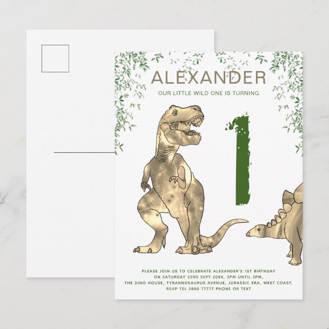 Invitation Carte Postale Wild One Dinosaur 1er Budget de fête d'anniversair (Devant / Derrière)