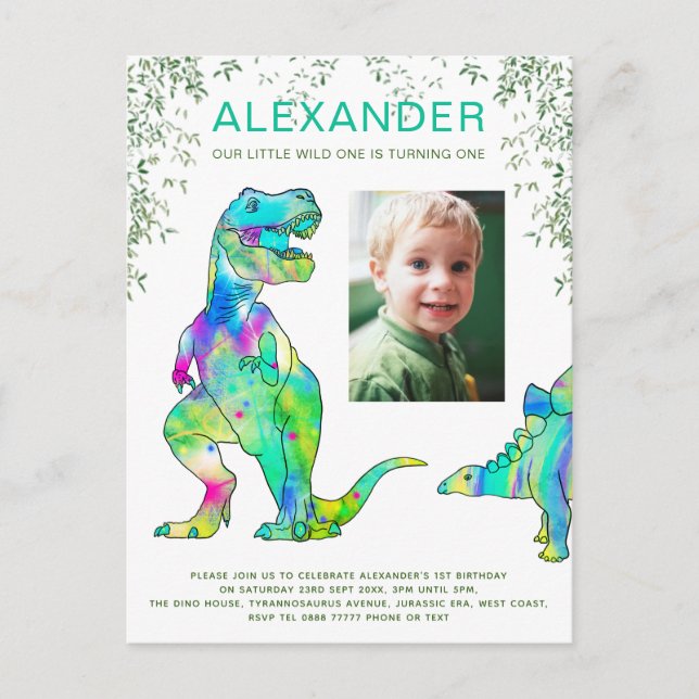 Invitation Carte Postale Wild One Dinosaur 1er Budget de fête d'anniversair (Devant)