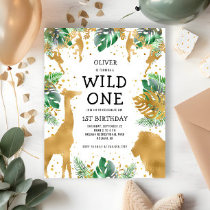 Invitation Carte Postale Wild One Jungle Safari 1er anniversaire Gold Green