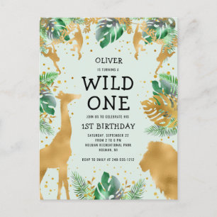Invitation Carte Postale Wild One Jungle Safari 1er Anniversaire Vert