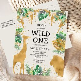 Invitation Carte Postale Wild One Safari 1er anniversaire Green Gold Ecru