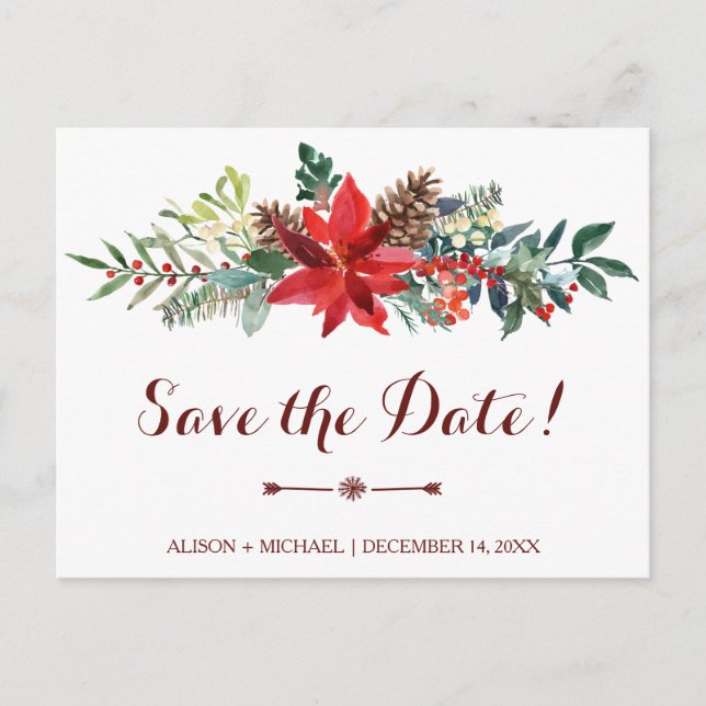 Invitation Carte Postale Winter Rustic Floral Mariage Bourgogne Date de sau (Devant)