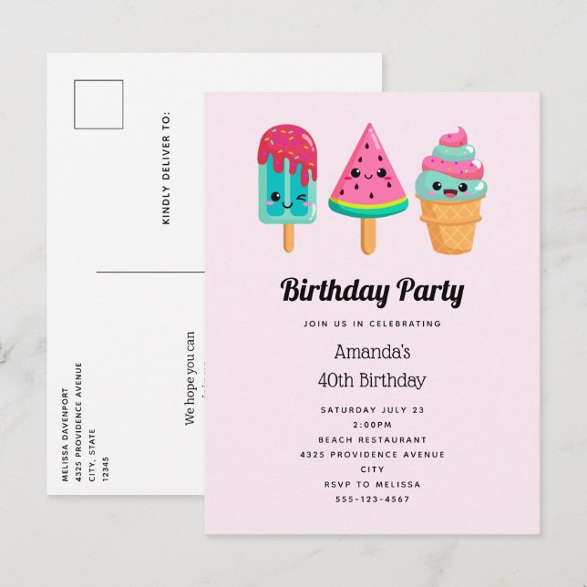 Invitation Carte Postale Yummy Ice Cream Trio Vibe été Anniversaire (Devant / Derrière)