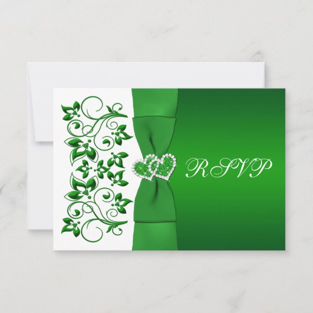 Invitation CARTE-RÉPONSE À RUBAN IMPRIMÉ Vert, floral blanc (Devant)