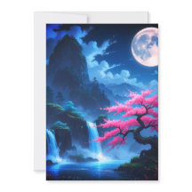 Carte-réponse japonaise avec lune, cerisier et cas