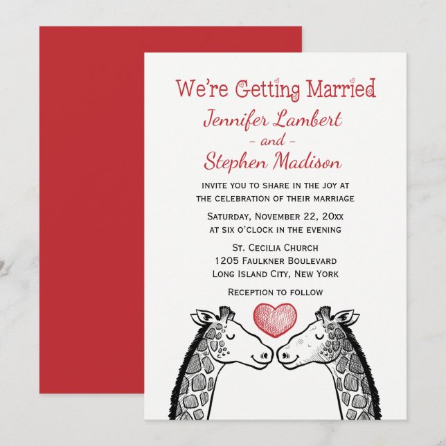 Invitation Carton de coeur de la Giraffe Mariage de Bourgogne (Devant / Derrière)