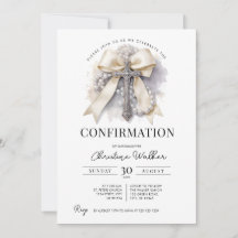 Carton de confirmation avec un nœud beige et un ch