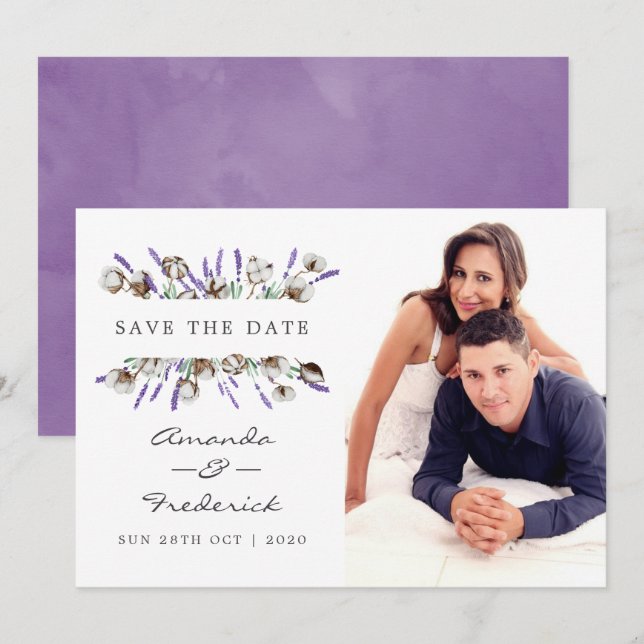 Invitation Carton de mariage à l'aquarelle en coton lavande É (Devant / Derrière)