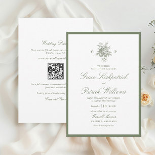 Invitation Carton de mariage classique vert sauge monogramme