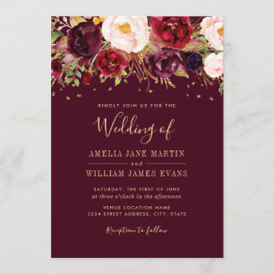 Invitation Carton de mariage pétillant Bourgogne doré Marsala