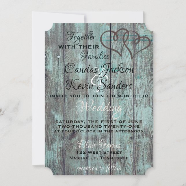 INVITATION CARTON DE MARIAGE TURQUOISE RUSTIQUE (Devant)