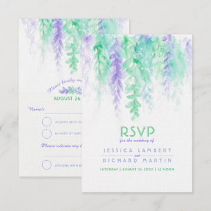 Invitation Carton de réponse de mariage vert violet aquarelle