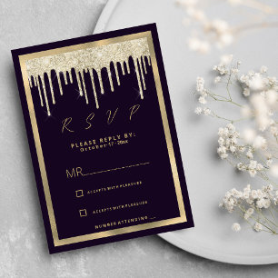 Invitation Carton de réponse en or violet foncé luxe paillett