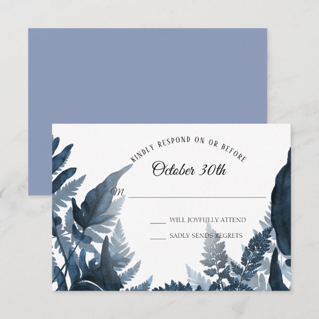 Invitation Carton de réponse RSVP Fougère Moderne Bleu Bohème (Devant / Derrière)