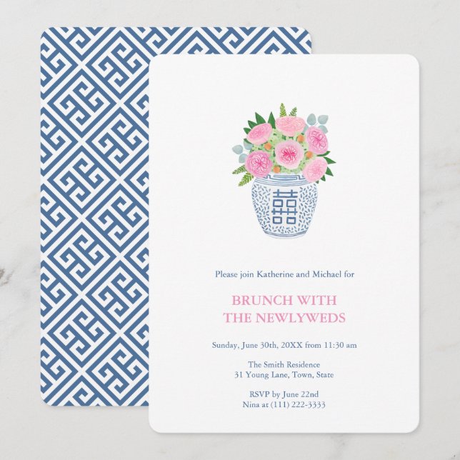 Invitation Carton de roses roses Navy Preppy Jar de gingembre (Devant / Derrière)