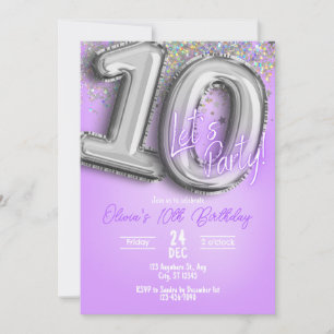 Invitation Carton d'invitation 10 ans avec paillettes violett