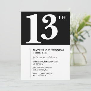 Invitation Carton d'invitation 13 ans noir et blanc Chic