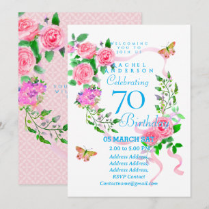 Invitation Carton d'invitation 70 ans Ruban de Rose Rose