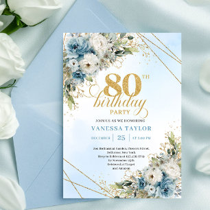 Invitation Carton d'invitation 80 ans Fleurs de Bleu Poussiér