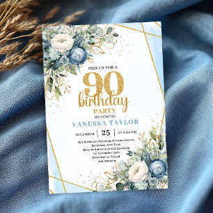 Invitation Carton d'invitation 90e anniversaire Luxe Bleu Or