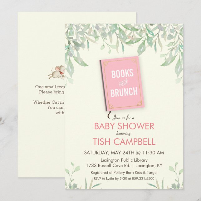 Invitation Carton d'invitation à la Baby Shower Livres et Bru (Devant / Derrière)