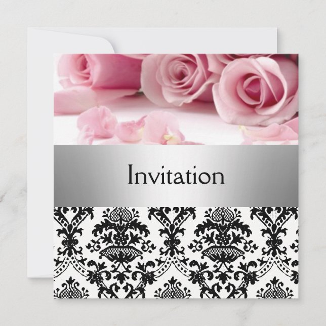 Invitation Carton d'invitation à une fête aux roses roses dam (Devant)