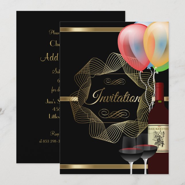 Invitation Carton d'invitation à une soirée élégante noire et (Devant / Derrière)