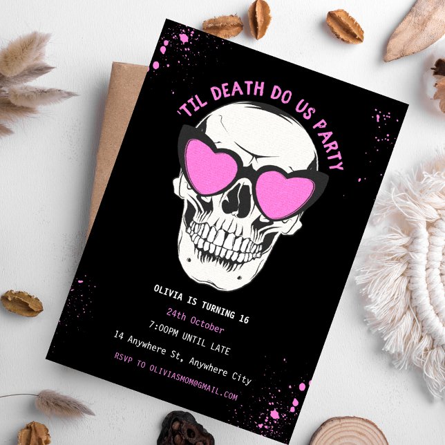 Invitation Carton d'invitation à une soirée tête de mort noir (Black and Pink Skull Birthday Party Invitation)