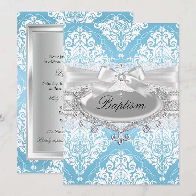 Invitation Carton d'invitation au baptême à ruban en damas bl (Devant / Derrière)