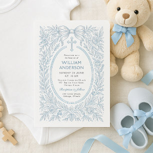 Invitation Carton d'invitation au baptême floral bleu vintage