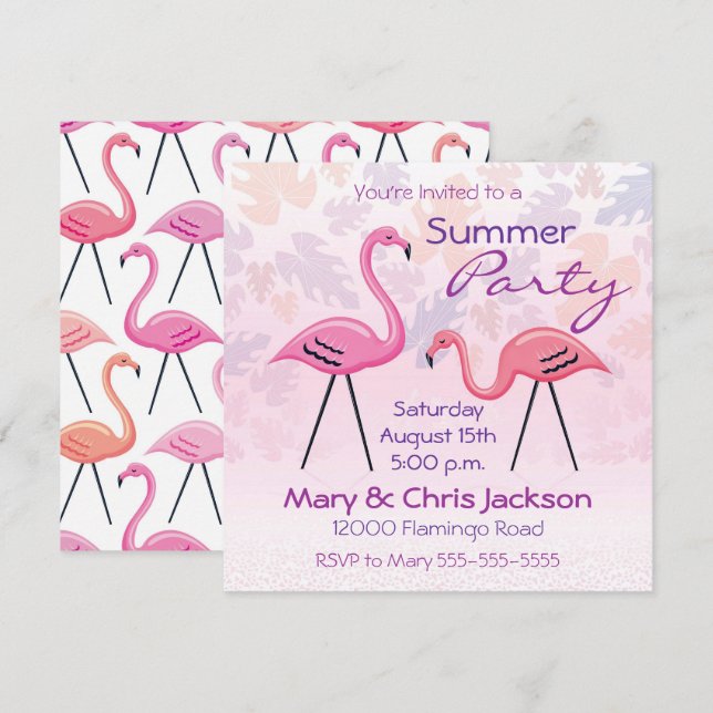 Invitation Carton d'invitation aux flamants roses (Devant / Derrière)