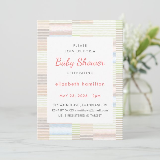 Invitation Carton d'invitation Baby Shower à rayures pastel e (Debout devant)