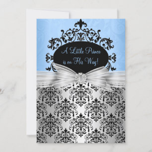 Invitation Carton d'invitation Baby Shower Bleu & Noir Damass