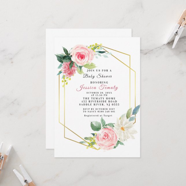 Invitation Carton d'invitation Baby Shower Fille Fleurs de Te (Devant/Arrière en situation)