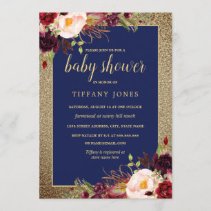 Invitation Carton d'invitation Baby Shower Fleurs Navy Bourgo